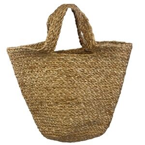 Jute woven bag tote, bucket bag, top handles,‎ resort, neutral, natural fibers